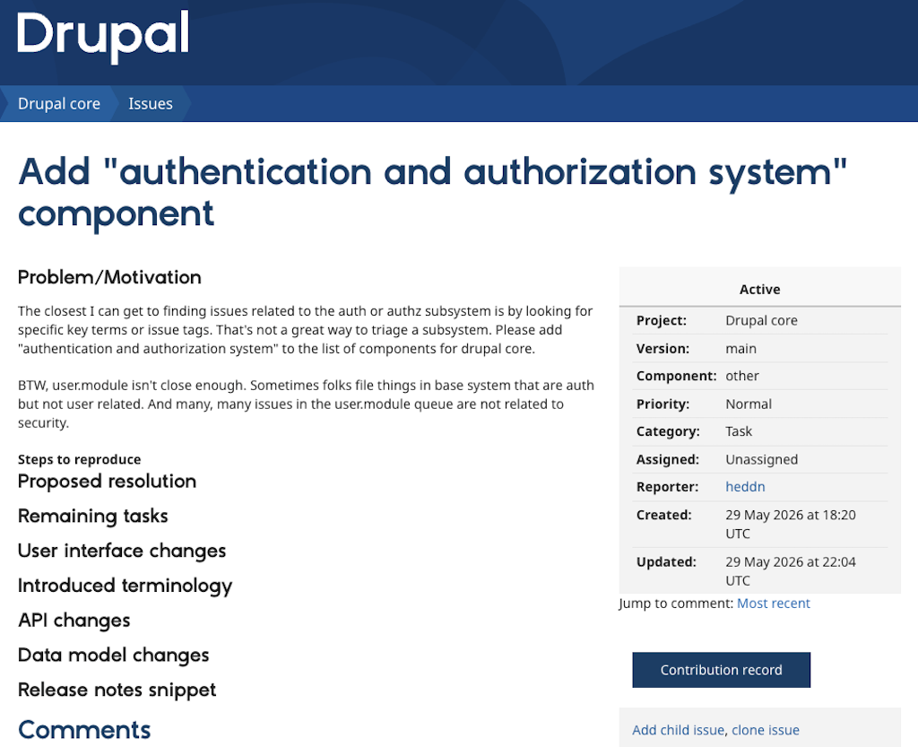 Screenshot of the authentication and authorization system component on drupal.org.