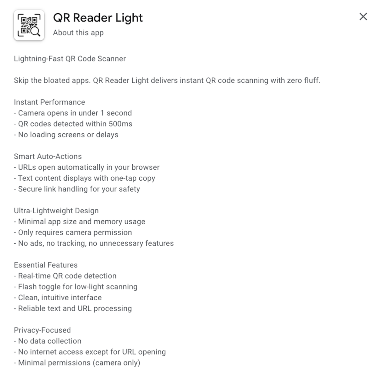 Google Play Store showing QR Reader Light about details.